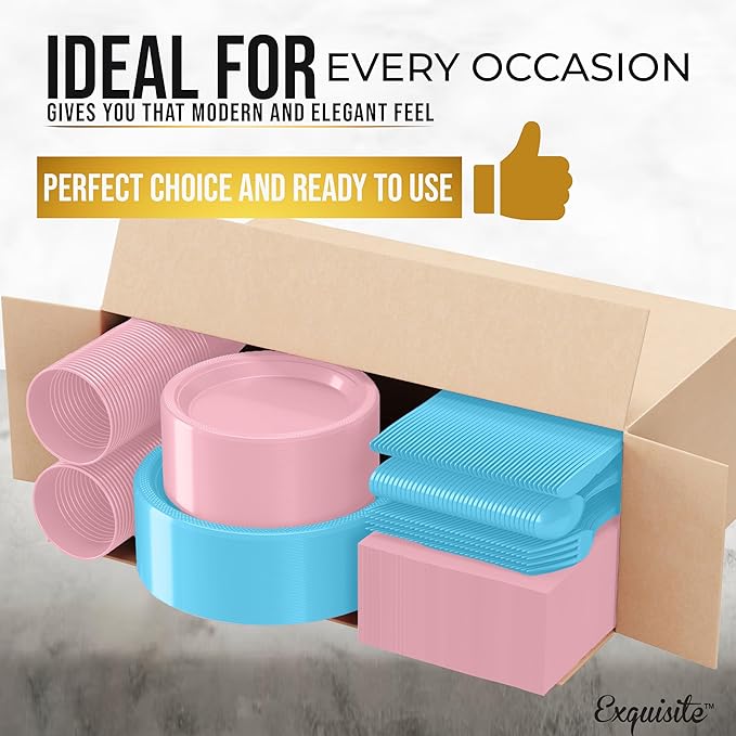 Party Solids 350 Pieces Gender Reveal Plastic Plates For Party, Gender Reveal Disposable Plates Set, 50 Of Each 9" Dinner Plate Set, 7" Dessert Plate, Cups, Napkins & Cutlery Plastic Dinnerware