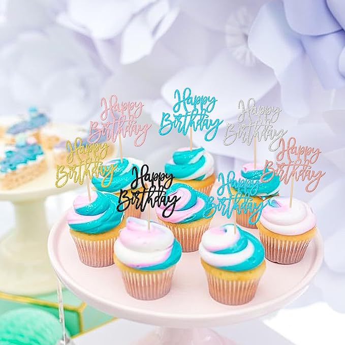 24 PCS Glitter Cupcake Toppers - Happy Birthday & Anniversary Picks - Multi 6 Colors