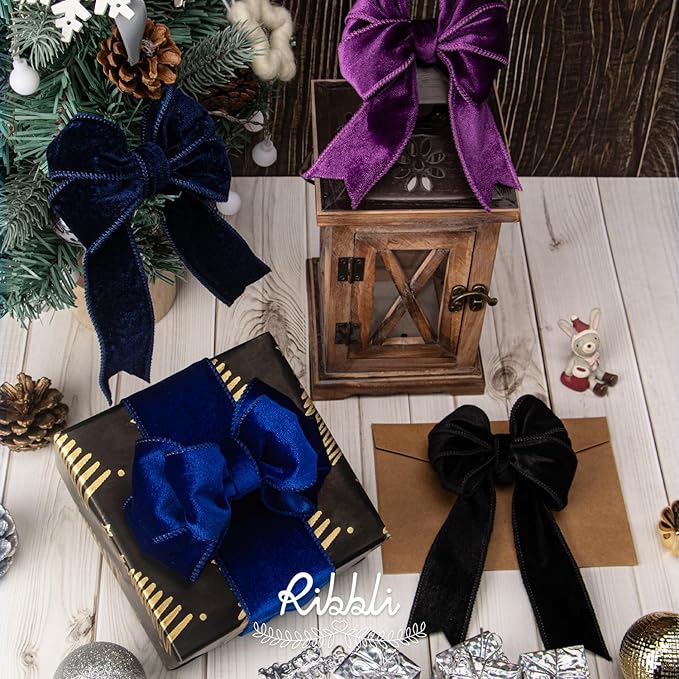 Ribbli Royal Blue Velvet Wired Ribbon 1.5 Inch Velvet with Satin Christmas Ribbon for Gift Wrapping Christmas Tree Decoration Crafts Wreaths Supplies-Continuous 10 Yards