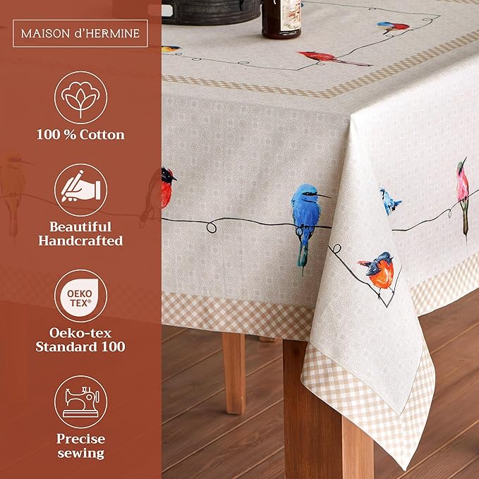 Maison d' Hermine Table Cloth Rectangle Table 100% Cotton 60 x 90 Inches Tablecloth Reusable Decorative for Dining Room, Farmhouse, Home, Party, Festive & Wedding Spring Summer - Birdies On Wire