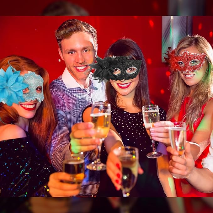 Sratte Couple Masquerade Mask with Feather Flower Unisex Half Face Venetian Mask for Mardi Gras Party