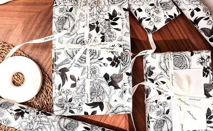 YXTII Floral Wrapping Paper, Black Flower Wrapping Paper with Cut Lines for Birthday, Wedding, Valentines, Christmas, Bridal Shower, Baby Shower, 17 Inches x 33 Feet