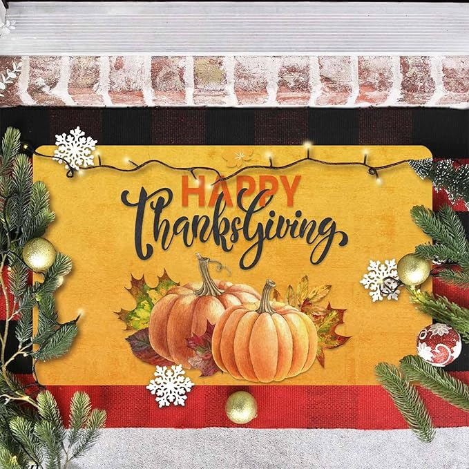 InterestPrint Happy Thanksgiving Doormat Orange Pumpkin Welcome Doormat Farmhouse Floor Mat Non-Slip Entrance Hello Rug Door Rugs for Indoor Outdoor Home Decor, 30"x18"inch