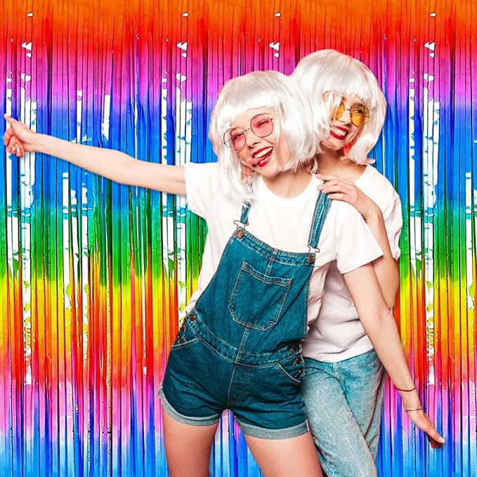 3 Pack Dark Rainbow Foil Fringe Curtains Backdrop, 3.28 x 8.2 Ft Metallic Streamers Tinsel Curtains Background for Photo Booth, Birthday, Halloween, Christmas, New Year Party Decorations