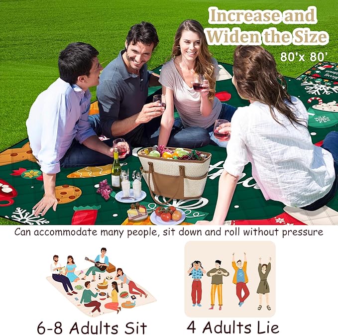 Poedist Extra Large Christmas Picnic Blanket Waterproof,80"x 80"Foldable Machine Washable Beach Blanket,Outdoor Blanket for 6-8 Adults,Suitable for Crawling,Park Beach,Camping,Hiking,Family