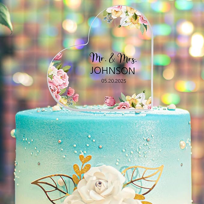 Custom Wedding Heart Acrylic Plaque,Mr & Mrs Cake Topper,Personalized Wedding Keepsake/Gift/Sign (Style 3)