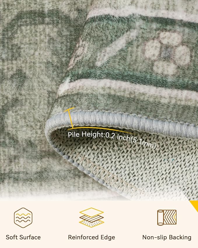 Area Rugs 5'x7' Washable Non-Slip, Floral Vintage Distress Print Pattern Medallion Carpet for Living Room Bedroom Dining Room, Dark Green Gray