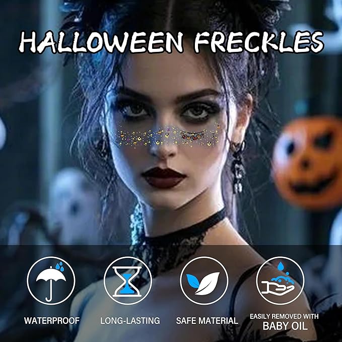8 Pcs Halloween Glitter Tattoos, Halloween Glitter Freckles Face Tattoos Stickers, Waterproof halloween Rave Accessories Face Temporary Tattoos Makeup Kit for Women and Kids