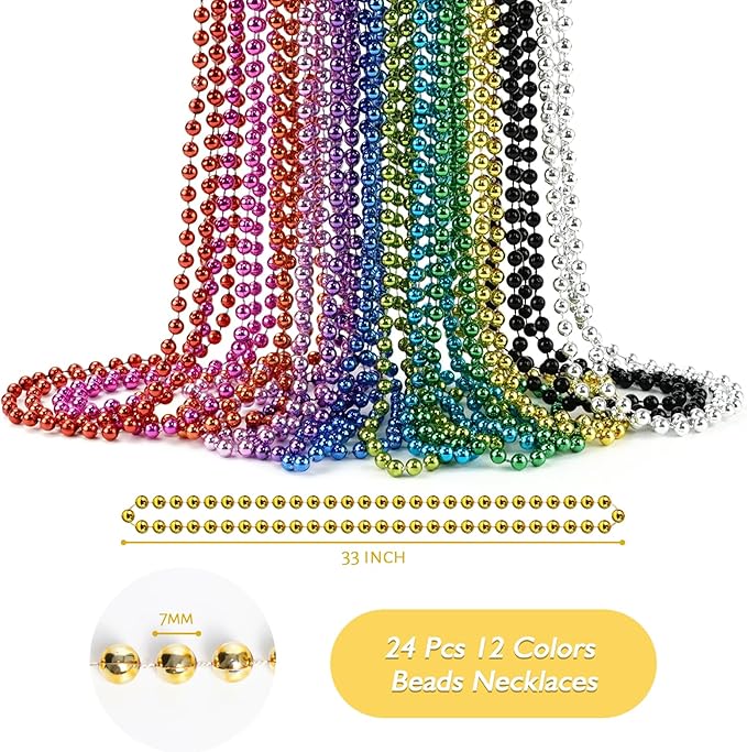 SHAOQINLIN 24 PCS Mardi Gras Beads Necklaces, 12 Colors 33 Inch 6 mm Metallic Bead Necklaces Bulk Party Beads Necklace Round Beaded Necklaces for Mardi Gras, Christmas, Carnival Party Favor