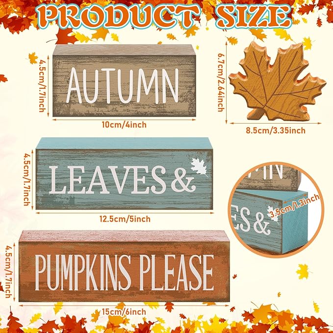 4 Pcs Thanksgiving Decorations for Home Fall Decor Wooden Maple Leaf Thanksgiving Table Centerpiece Fall Tiered Tray Rustic Wood Maple Leaf Block Sign Farmhouse for Home Kitchen Shelf