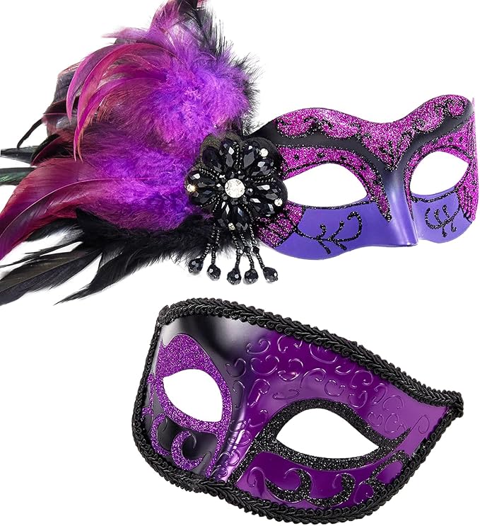 2025 New Masquerade Mask with Feather for Couples - Women's Masquerade Mask with Feather & Men Venetian Costume Mask