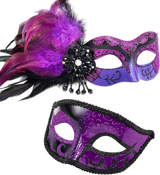 2025 New Masquerade Mask with Feather for Couples - Women's Masquerade Mask with Feather & Men Venetian Costume Mask
