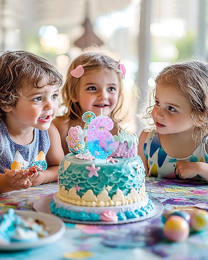 Mermaid Themed Birthday Candles, Number 6 Girls Glitter Birthday Party Supplies,Anniversary Party Decor,2.87 inch Cake Topper Decorations (Mermaid Themed, Number 6)