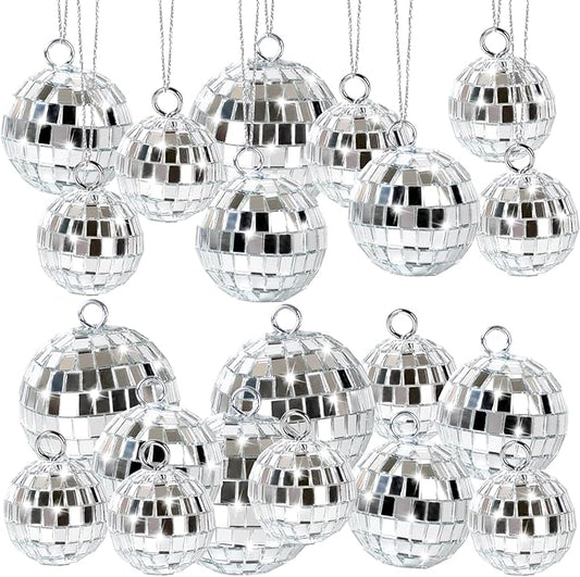 20 Pcs Mirror Disco Ball Hanging Ornaments Silver Glass Decor 70s Disco Party Decorations Ornament with Rope for Dance Birthday 70s Theme Party