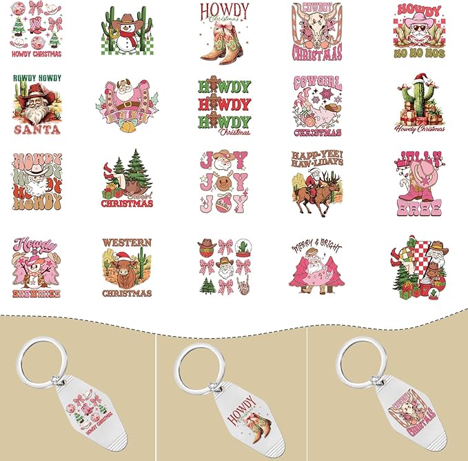 Christmas UV DTF Stickers - 80 Sheets Pink Christmas UV DTF Decals for Motel Keychain, Western Xmas Bow Santa Snowman Rub on Transfer Stickers, DIY Hotel Keychain Blank Personalized Crafts