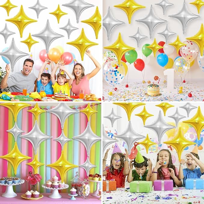 Gold Silver Star Balloons,12Pcs Four Angle Star Foil Balloons,26Inch and 10Inch Gold Silver Quadrangle Helium Balloon for Birthday Anniversary Baby Shower Wedding Party Decorations