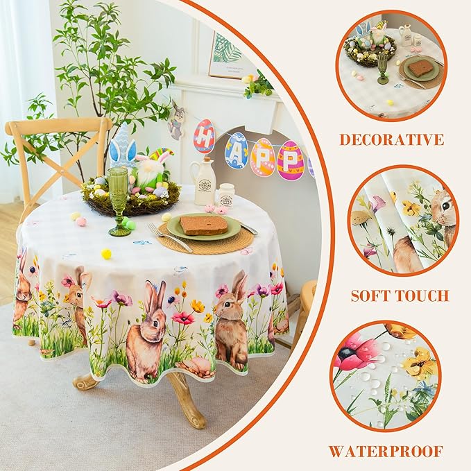 Easter Bunny Tablecloth Waterproof, Spring Floral Print Rectangular Table Cloth, Stain Resistant Table Cover Perfect for Dining & Kitchen Decor, 60 inch Round