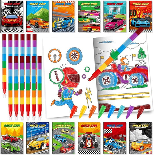 BenLouis 24 Race Car Mini Coloring Books Kids with 24 Stacking Crayons Racing Theme Party Favors Activity Books Bulk for Kids Fast Racecar Wheel Birthday Goodie Bag Gift Stuffer Classroom Reward