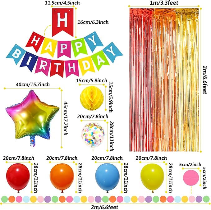 ZERODECO Rainbow Birthday Decorations, Multicoloured Fringe Backdrop Happy Birthday Banner Honeycomb Balls Pompoms Foil Balloons for Kid Baby Boy Girl Colorful Party Decorations