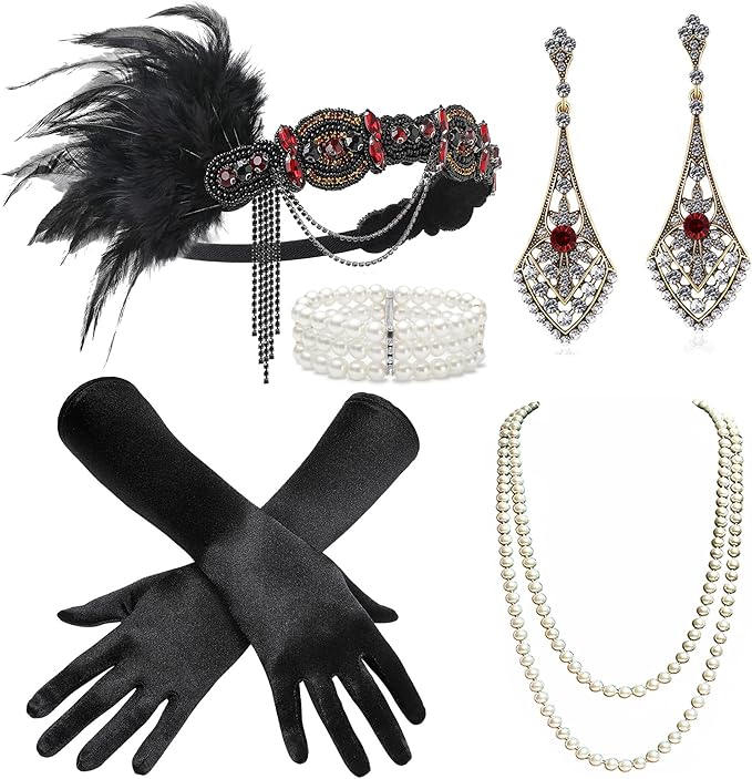 BABEYOND 1920s Flapper Accessories Gatsby Costume Accessories Set 20s Flapper Headband Pearl Necklace Gloves