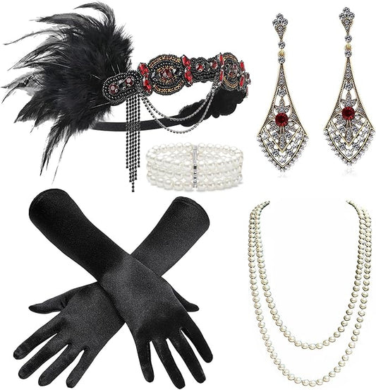 BABEYOND 1920s Flapper Accessories Gatsby Costume Accessories Set 20s Flapper Headband Pearl Necklace Gloves