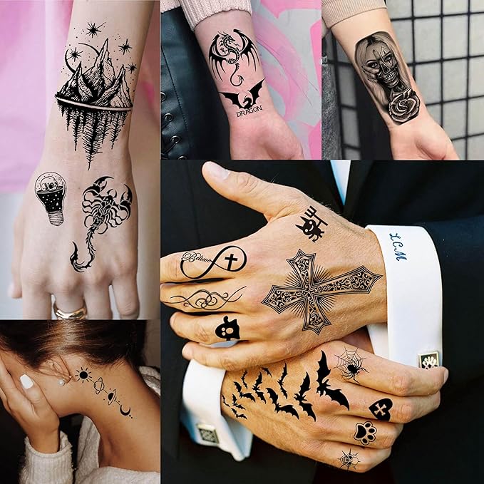 67 Sheets 3D Black Tribal Realistic Lion Temporary Tattoos for Men Women Adults, Bulk Tiger Wolf Warrior Gladiator Temp Skull Skeleton Halloween Fake Half Arm Sleeve Tattoos Stickers Legs Kit Sets