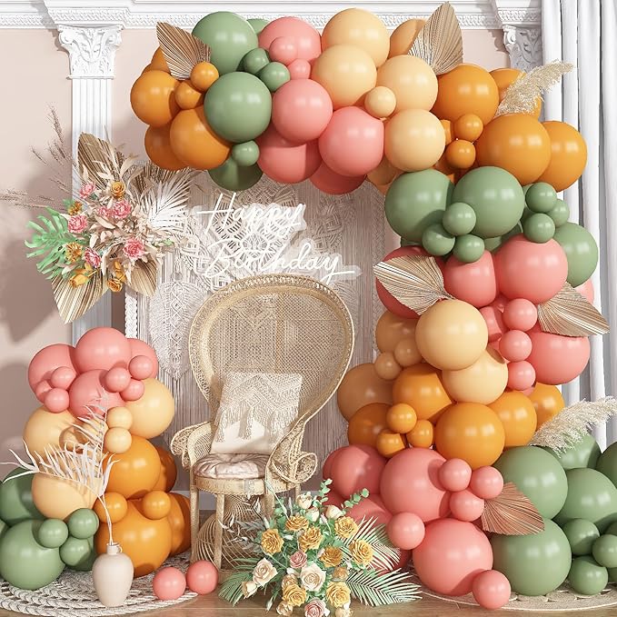 Sage Green and Pink Balloons Arch Retro Dusty Pink Olive Green Burnt Orange Beige Balloons Garland for Boho Thanksgiving Fall Autumn Baby Shower Fairy Floral Jungle Safari Birthday Party Decor