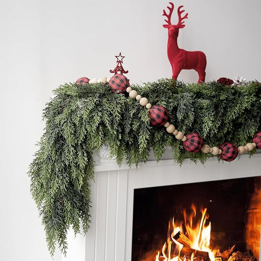 9FT Christmas Cedar Garlands, Real Touch Winter Cedar Pine Garland with Soft Thickness Pine, Green Artificial Greenery Garland for Table, Mantle, Fireplace, Wall, Indoor, Outdoor Christmas Decorations