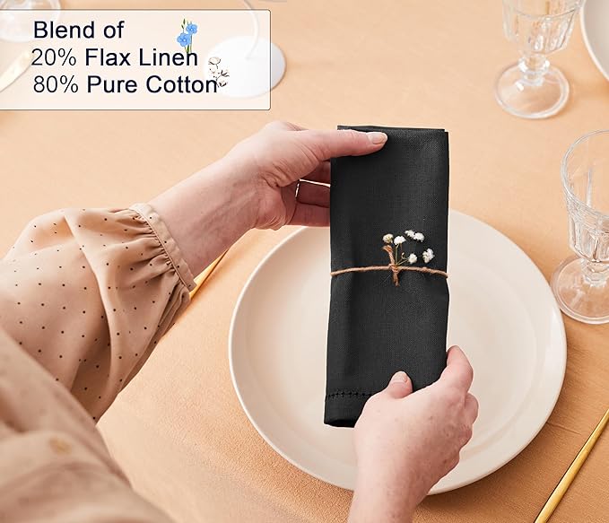 Ruvanti Premium Linen Napkins Set of 6-20x20 Inch, Classic Hemstitch, Mitered Corner Cloth Napkins ‎‎- Soft, Elegant Dinner Napkins Cloth Washable for Weddings, Parties, Everyday Use - Black