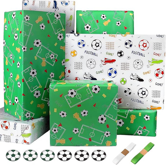 Wrapping Paper Football Wrapping Paper Boys Men Birthday Wrapping Paper Sheets with Sport Soccer Green White Mixed Design,Birthday Gift Wrap Set for Present Birthday Paper Wrap,Ribbion Tags(6 Sheets, 28"Lx20"W per Sheet)