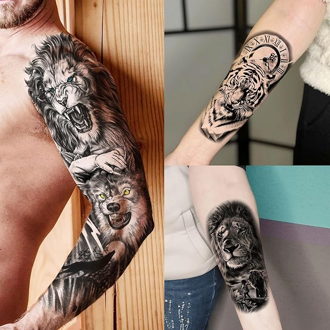 20 Sheets Cool Lion Full Arm Temporary Tattoos For Men Adults Thigh, Wolf Tiger Warrior Maori Totem Fake Sleeve Tattoos For Women, 3D Bulk Black Tribal Clock Halloween Tattoo Stickers