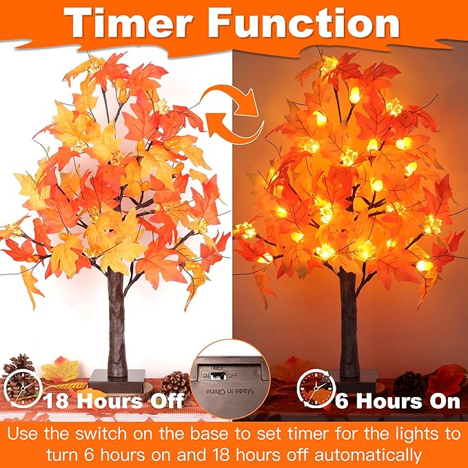 2 Pack 24 Inch Artificial Lighted Fall Maple Tree Thanksgiving Decorations with 48 LEDs Battery Operated Timer Prelit Acorn Maple Tree Lights for Thanksgiving Table Decor Home Indoor Autumn Harvest