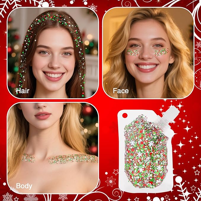 MEICOLY Red and Green Face Body Glitter for Christmas,Sparkle Christmas Hair Glitter Makeup,Stocking Stuffers for Kids Women,Chunky Face Glitter for Festival Party Rave Accessories
