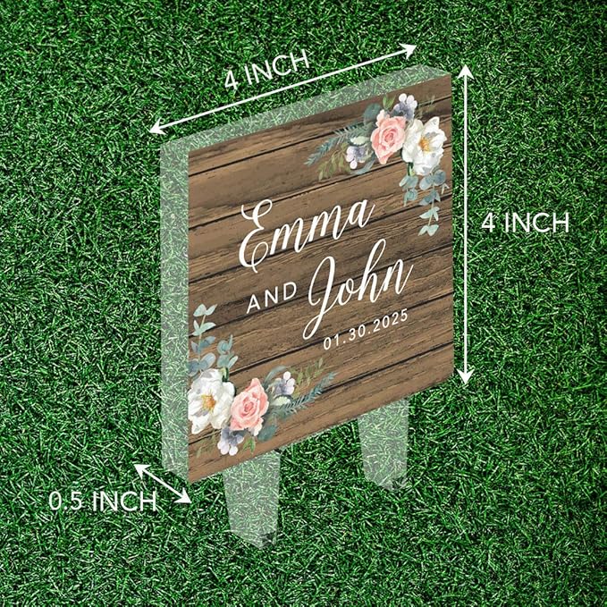 Andaz Press Rustic Wood Custom Wedding Cake Topper, Acrylic Square Personalized Couple Cake Topper