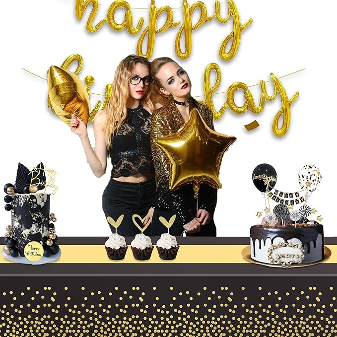 GREATRIL Black Gold Party Table Covers Tablecloth for Graduations/New Years Eve/Ceremony/Birthdays Decorations Rectangle Tablecover 54'' x 108'' - 2 Packs