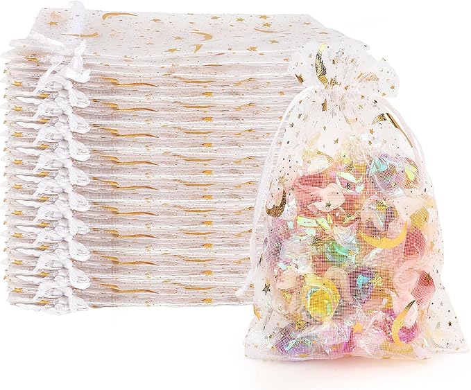 Moon Star Organza Bags 4x6 Small Mesh Bag Drawstring 50 Pcs Mesh Gift Bags Drawstring Pouch Wedding Favor Bags Jewelry Pouches Bulk Gift Pouch for Candy Soaps Birthday Festival Party Supplies, White