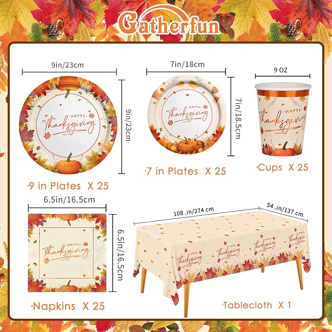 Thanksgiving Plates and Napkins Gatherfun Maple Leaves Disposable Paper Plates Napkins Cups plastic Tablecloth for Thanksgiving Dinner Party Decorations Serve 25