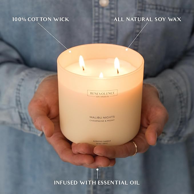 Champagne & Peony – Benevolence LA Large 3-Wick Fall Scented Candle for Home | 15oz, 50-Hour Burn | Natural Soy Wax, Cotton Wicks | Romantic Autumn Fragrance | Malibu Sands Collection – Gift for Women