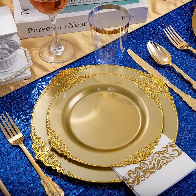 Morejoy 175PCS Solid Gold Plastic Plates with Gold Rim，gold disposable dinnerware sets Include 25 Dinner Plates,25 Dessert Plates,25 Cutlery Sets,25 Napkins Perfect for Party & Thanksgiving