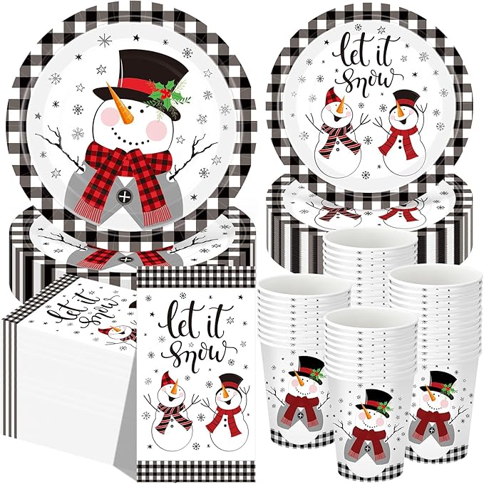 250 Pcs Christmas Snowman Paper Plates and Napkins Party Supplies White Black Buffalo Plaid Winter Disposable Tableware Set for Christmas Winter Holiday Xmas Party Decoration
