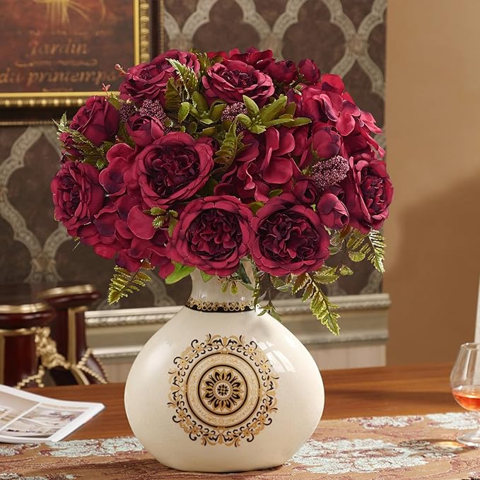 MARTINE MALL 4 Packs Peonies Artificial Flowers, Burgundy Artificial Peonies, Silk Peonies Flowers Fake Peonies Artificial Flowers Peonies Bouquet for Halloween Centerpiece Table Wedding Home Decor