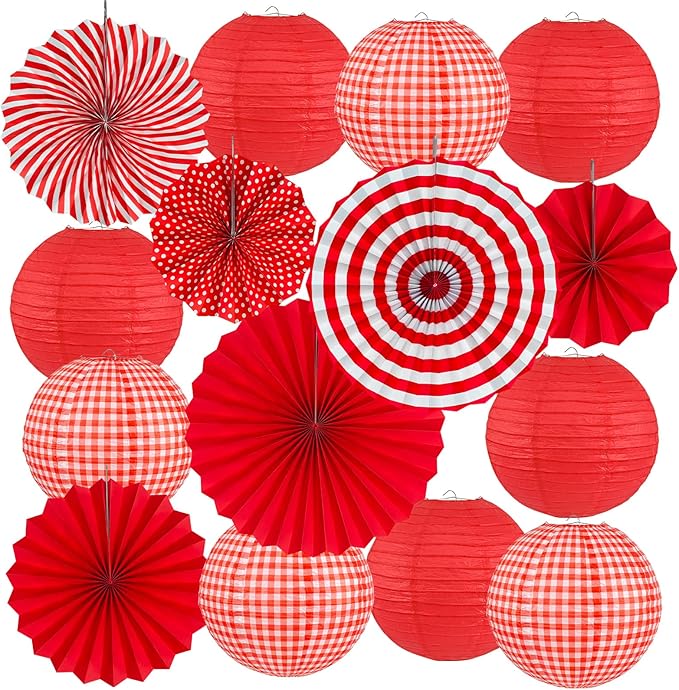 15Pcs Red Party Decorations Supplies Set, Hanging Red Paper Lanterns Paper Fans for Home Decor Birthday Wedding Graduation Picnic BBQ Baby Shower Pizza Party
