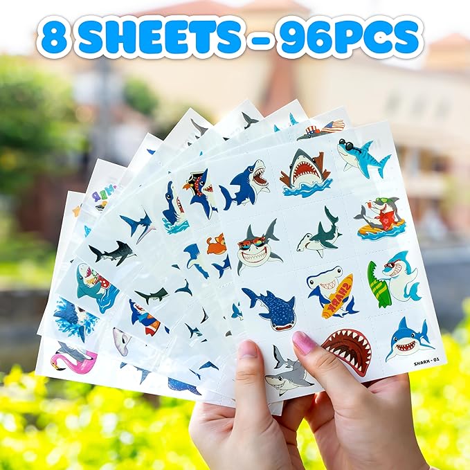 96 PCS Shark Pre-Cut Temporary Tattoos for Kids | Super Cute Shark Themed Birthday Party Favors, Supplies, Decorations, Cute Ocean Animal Tattoo Stickers, School Rewards Prizes & Gifts for Boys Girls