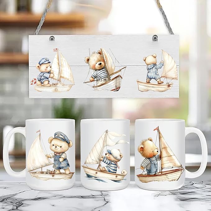 UV DTF Stickers - 12 Sheets Sailor Teddy UV DTF Cup Wrap for Coffee Mugs Glass, DIY Decals for Tumblers, Waterproof Rub on Transfers for Crafts