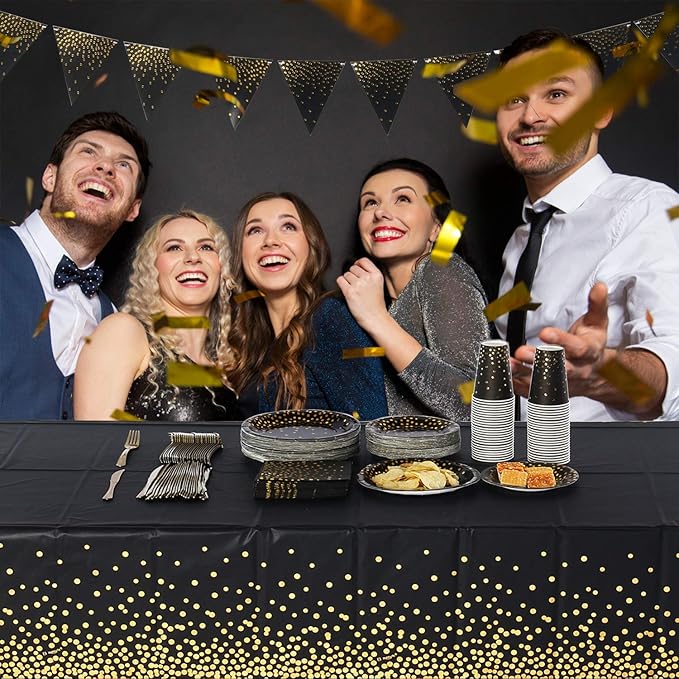 108"x54" 4 Packs Black and Gold Disposable Party Tablecloth for Rectangle Table, Gold Stamping Dot Confetti Rectangular Plastic Table Cover, for Graduation, Birthday, New Year Eve 2025