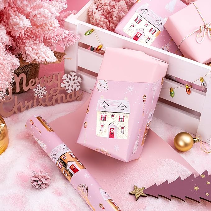 WRAPAHOLIC Reversible Christmas Wrapping Paper - Mini Roll - 17 Inch x 33 Feet - Pink House and Solid Pink Wrapping Paper with Metallic Foil Shine for Chrsitmas, Holiday, Party