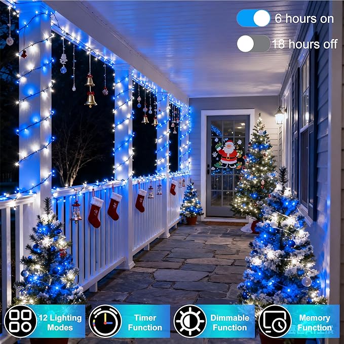 750 LED 240FT Christmas String Lights Outdoor, 12 Pro Modes and Timer Memory & Brightness, Plug in Outdoor Waterproof Clear Wire Twinkle Light for for Xmas Yard Tree Wedding Party Decor (Blue & White)