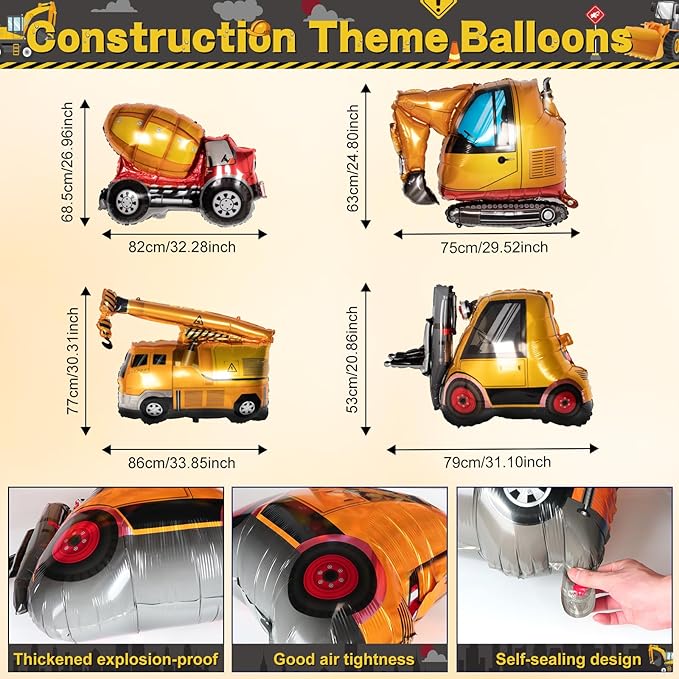 175 PCS Construction Birthday Party Supplies, Construction Party Decorations, Dump Truck Party Decorations Includes Balloons, Backdrop, Banner, Tablecloth, Plates, Napkins, Cake Toppers