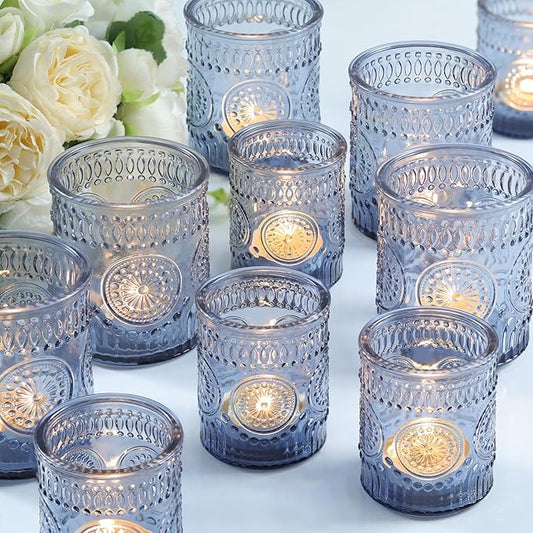 Volens 20pcs Assorted Blue Votive Candle Holders Bulk, Large Glass Votive & Tea Light Candle Holder for Wedding Table Centerpieces, Blue Party Decorations, and Home Decor