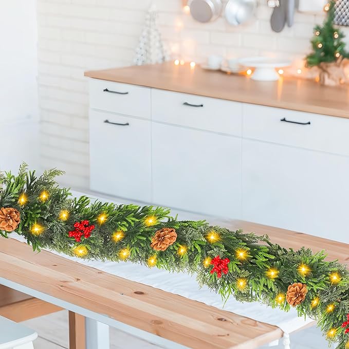 6FT Lighted Christmas Cedar Cypress Garland, Soft and Lush Pine Garland with 50 LEDs,Pre-lit Xmas Battery Operated with Timer for Outdoor Indoor Fireplace Mantle Stair Railings